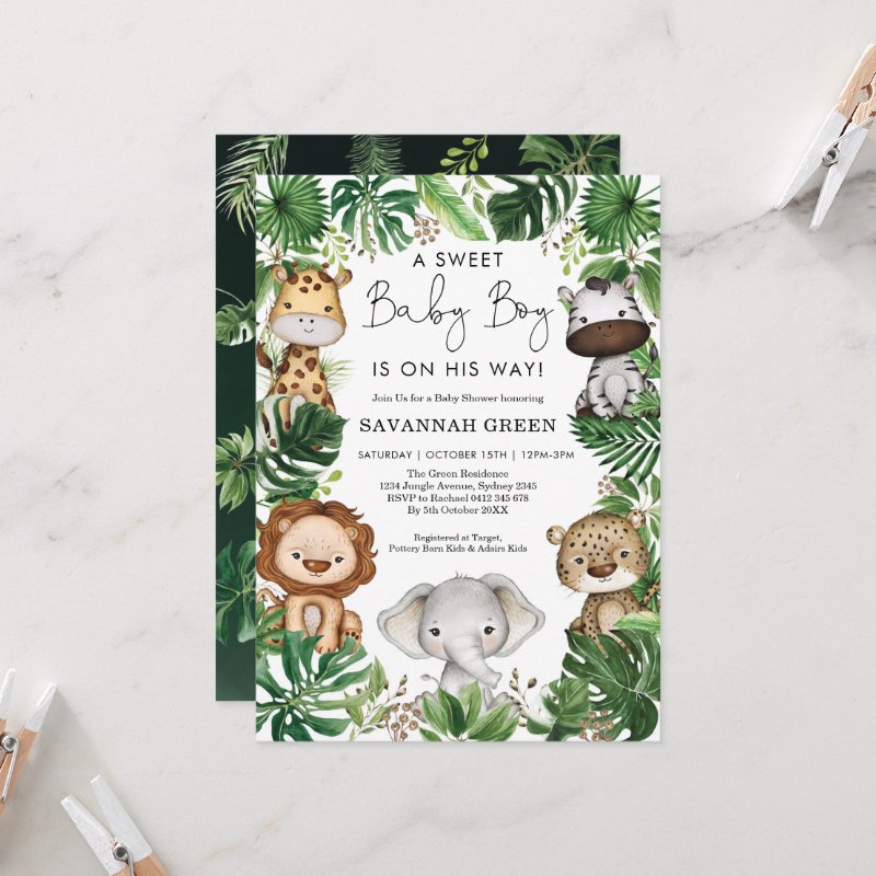 Tropical Jungle Safari Animals Boy Baby Shower Invitation Flat Invitation, Size: 5\" x 7\ 6 Tropical Jungle Safari Animals Boy Baby Shower Invitation Flat Invitation, Size: 5\\" x 7\\