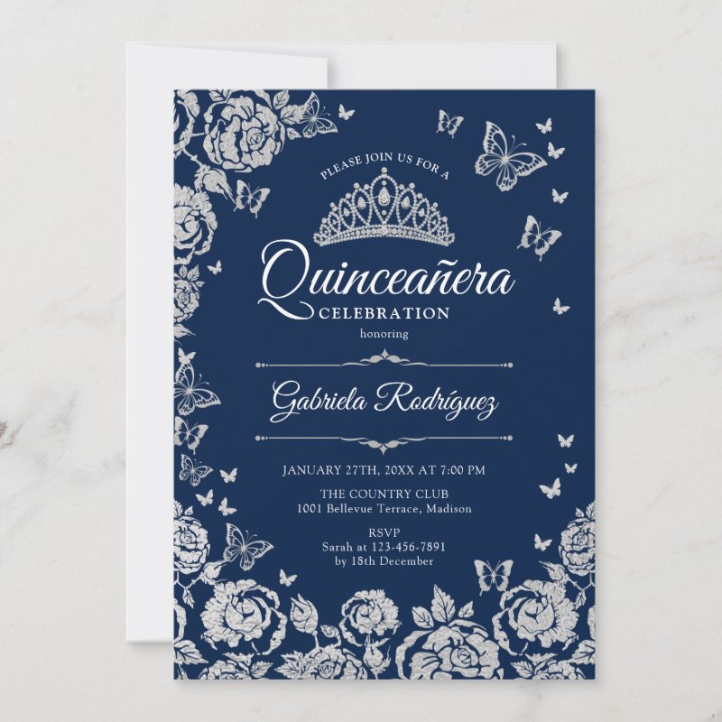 Navy Blue Silver Roses Butterflies Quinceanera Invitation Flat Invitation, Size: 5\\" x 7\\