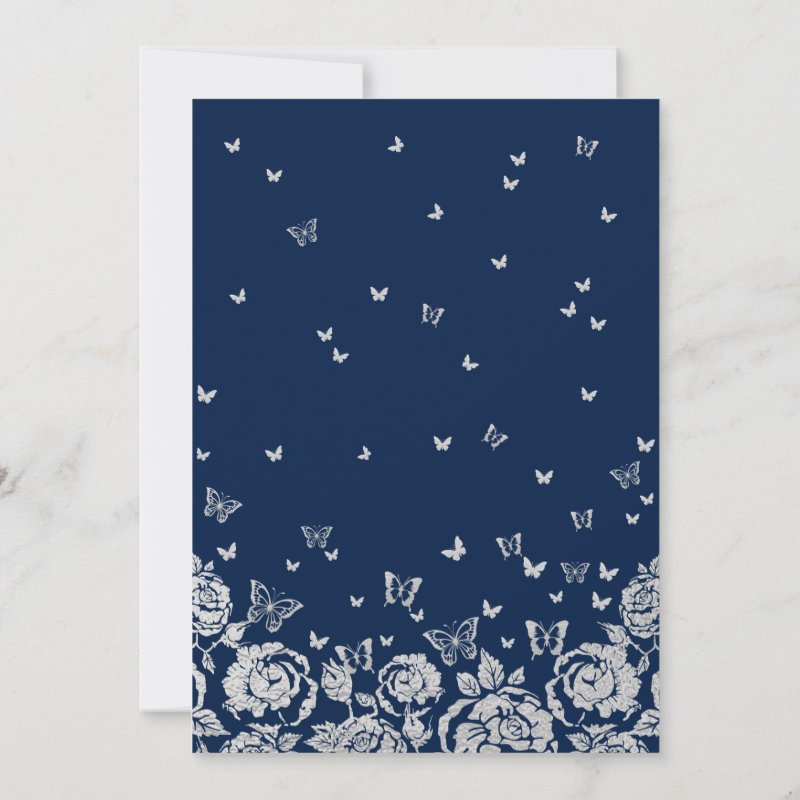 Navy Blue Silver Roses Butterflies Quinceanera Invitation Flat Invitation, Size: 5\\" x 7\\