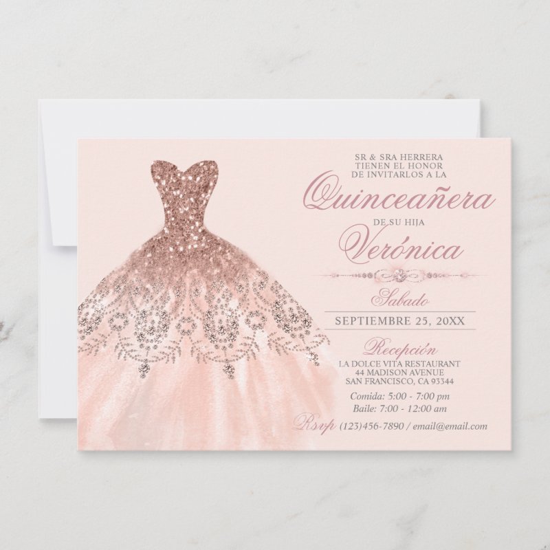 Elegant Spanish Quinceañera Mis Quince Pink Rose Invitation Flat Invitation, Size: 4.5\\" x 6.25\\
