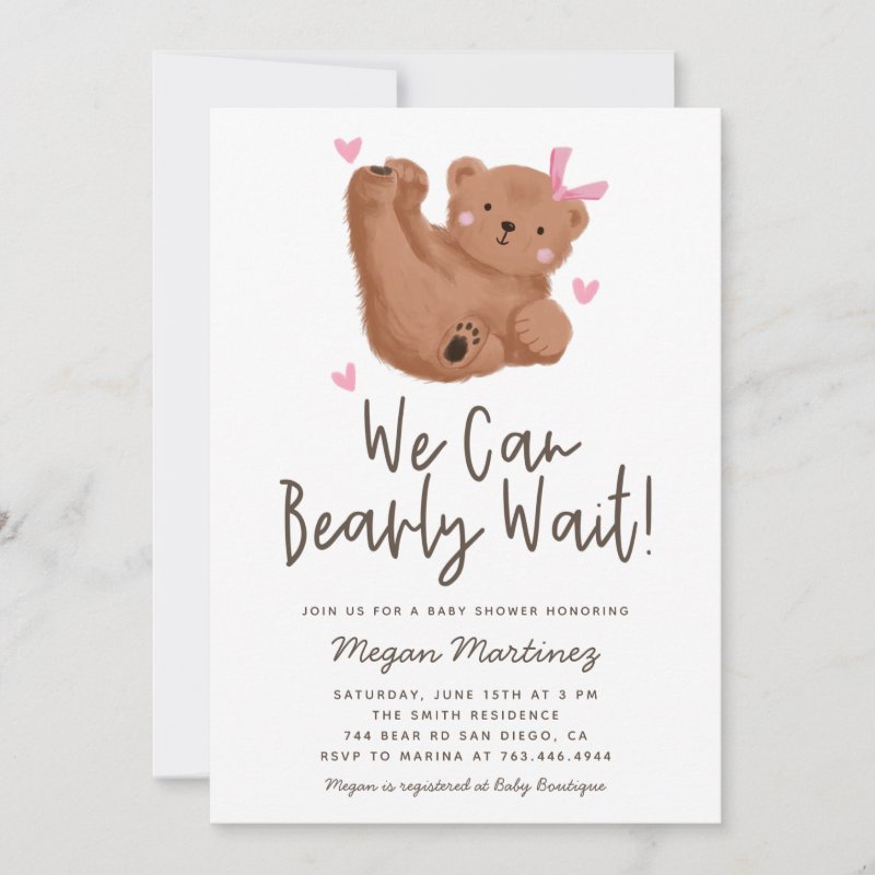 Cute Bear Theme Girl Baby Shower Invitation Flat Invitation, Size: 5\\" x 7\\