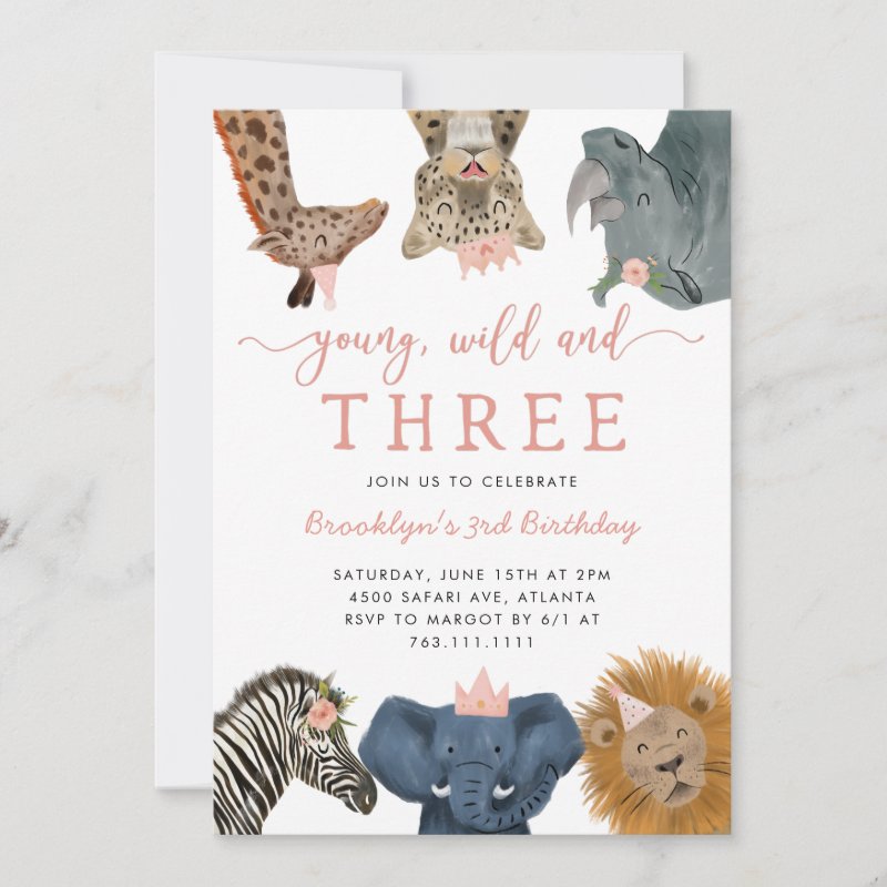 Pink Young Wild and Three Safari Birthday Party Invitation Flat Invitation, Size: 5\\" x 7\\