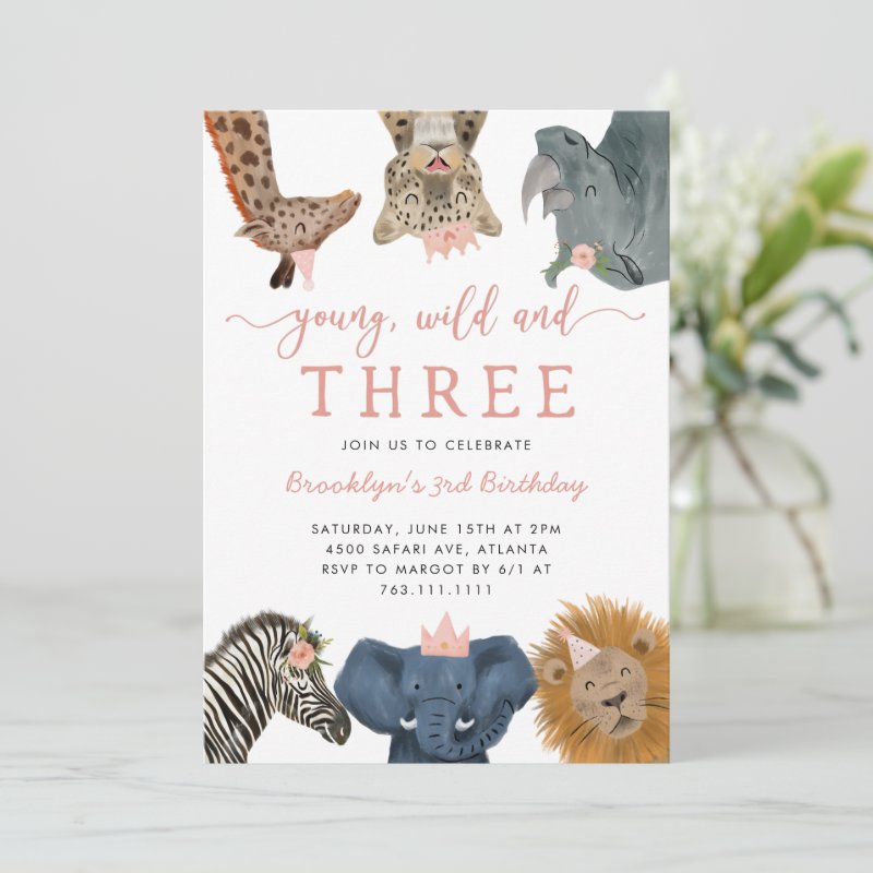 Pink Young Wild and Three Safari Birthday Party Invitation Flat Invitation, Size: 5\" x 7\ 4 Pink Young Wild and Three Safari Birthday Party Invitation Flat Invitation, Size: 5\\" x 7\\