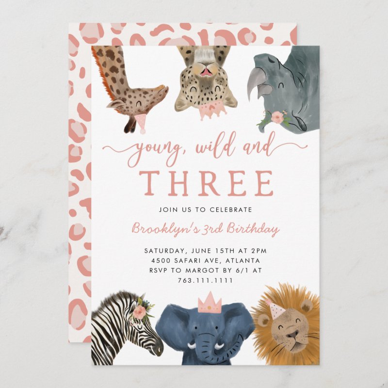 Pink Young Wild and Three Safari Birthday Party Invitation Flat Invitation, Size: 5\" x 7\ 5 Pink Young Wild and Three Safari Birthday Party Invitation Flat Invitation, Size: 5\\" x 7\\