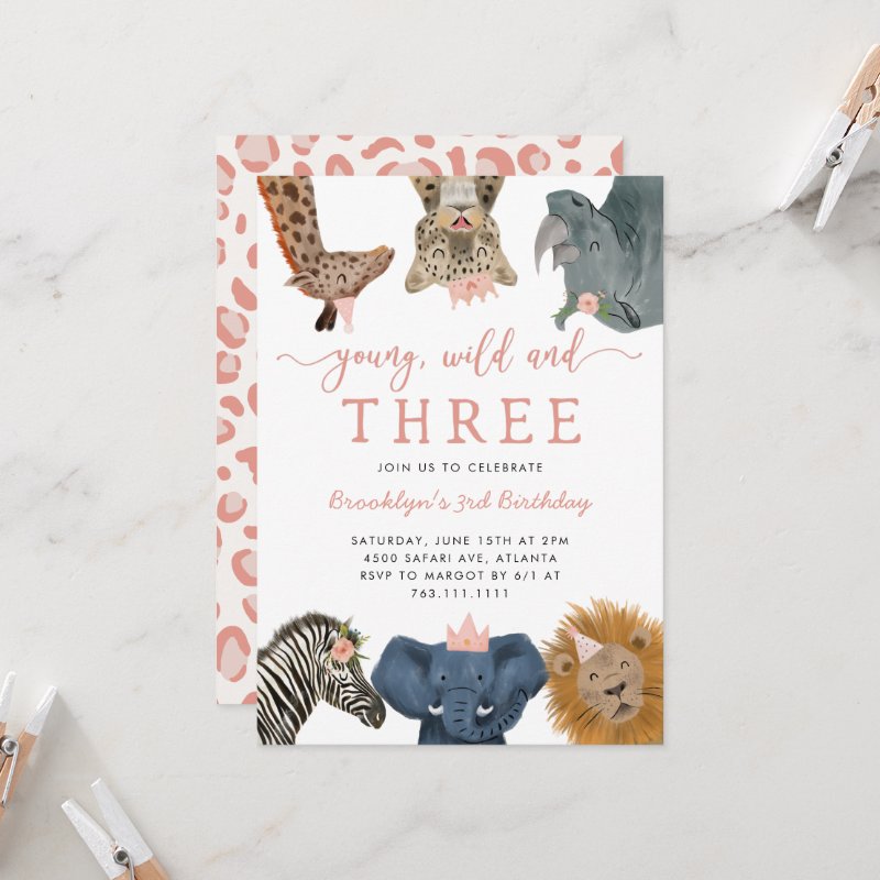 Pink Young Wild and Three Safari Birthday Party Invitation Flat Invitation, Size: 5\" x 7\ 6 Pink Young Wild and Three Safari Birthday Party Invitation Flat Invitation, Size: 5\\" x 7\\