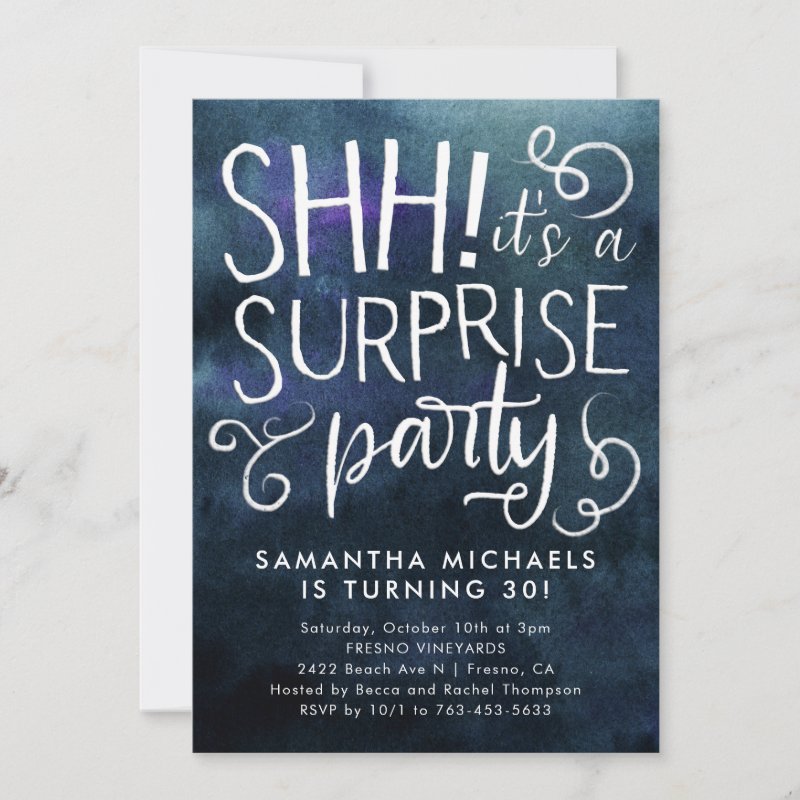 Surprise Birthday Party Navy Blue Watercolor Invitation Flat Invitation, Size: 5\\" x 7\\