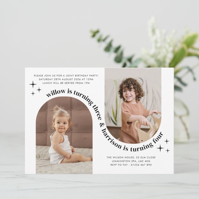 Double Arch Photo Joint Birthday Invitation Flat Invitation, Size: 5\\" x 7\\