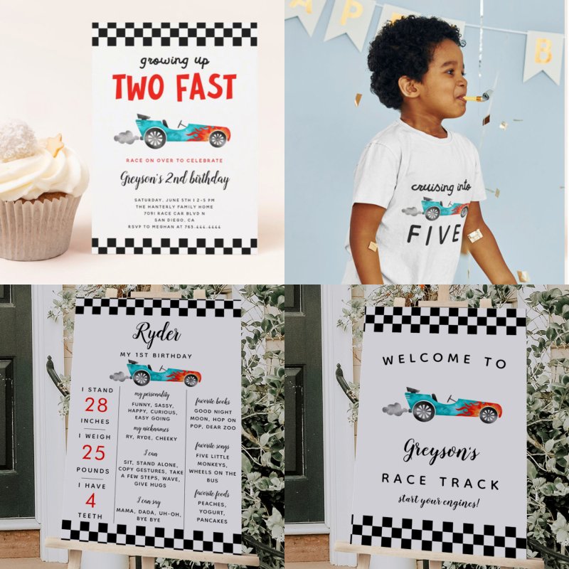 Two Fast Race Car Boy 2nd Birthday Party Invitation Flat Invitation, Size: 5\\" x 7\\