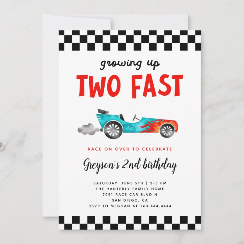 Two Fast Race Car Boy 2nd Birthday Party Invitation Flat Invitation, Size: 5\\" x 7\\