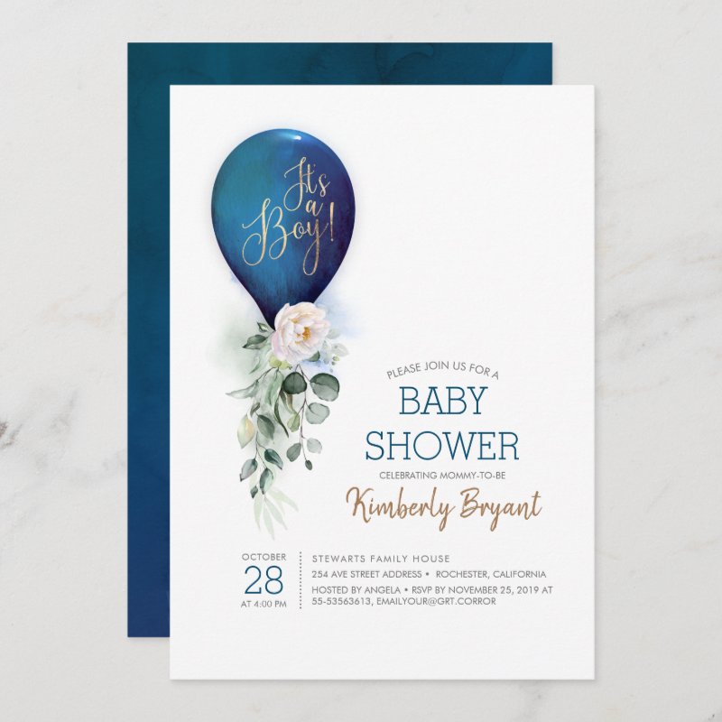 Navy Blue Balloon It's a Boy Baby Shower Invitation Flat Invitation, Size: 5\" x 7\ 4 Navy Blue Balloon It\'s a Boy Baby Shower Invitation Flat Invitation, Size: 5\\" x 7\\