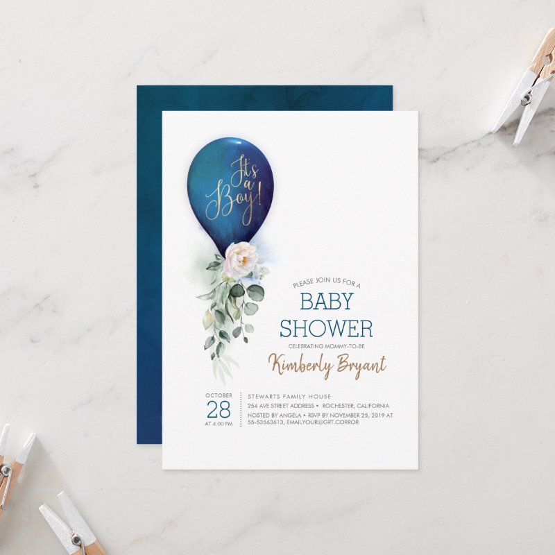 Navy Blue Balloon It's a Boy Baby Shower Invitation Flat Invitation, Size: 5\" x 7\ 5 Navy Blue Balloon It\'s a Boy Baby Shower Invitation Flat Invitation, Size: 5\\" x 7\\