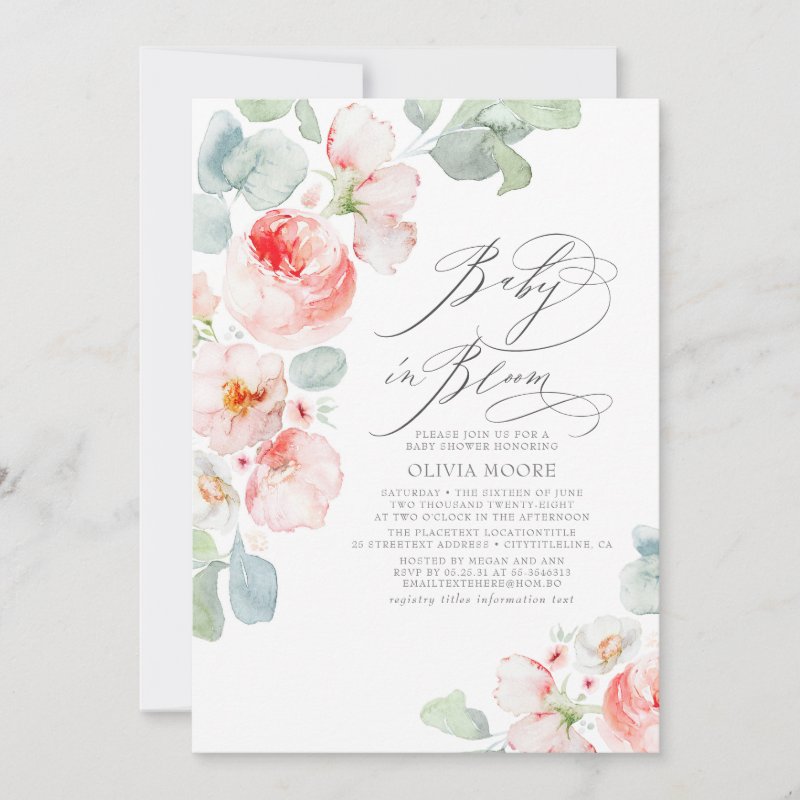 Soft Pink Flowers Elegant Boho Girl Baby Shower Invitation Flat Invitation, Size: 5\\" x 7\\