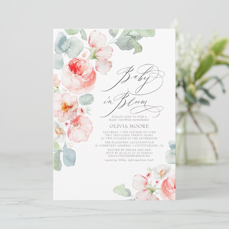 Soft Pink Flowers Elegant Boho Girl Baby Shower Invitation Flat Invitation, Size: 5\\" x 7\\
