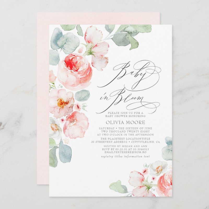 Soft Pink Flowers Elegant Boho Girl Baby Shower Invitation Flat Invitation, Size: 5\\" x 7\\