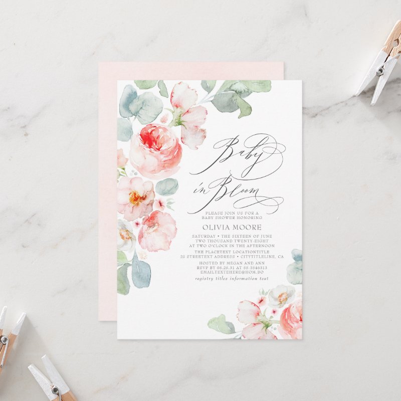 Soft Pink Flowers Elegant Boho Girl Baby Shower Invitation Flat Invitation, Size: 5\\" x 7\\
