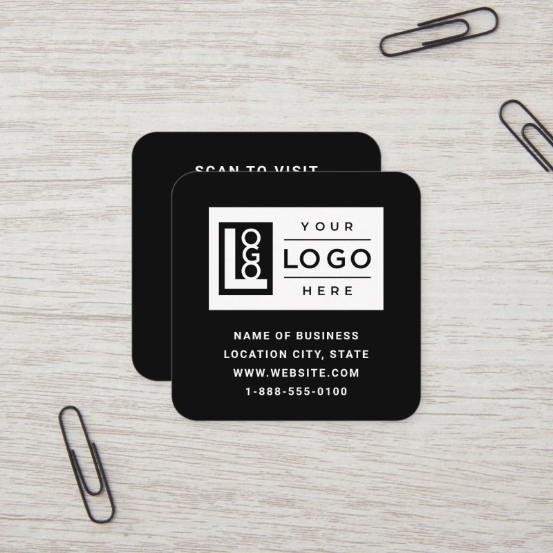 Modern Black Custom Logo and QR Code Square Business Card Square, 2.5\\" x 2.5\\" Business Card