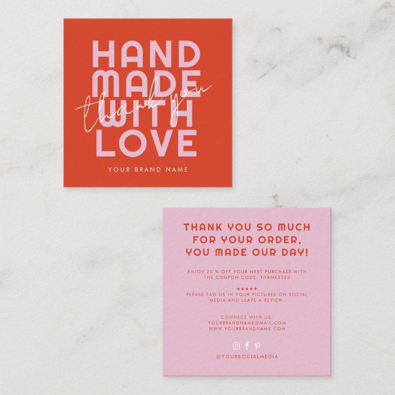 Modern handmade with love thank you square business card Square, 2.5\" x 2.5\" Business Card 4 Modern handmade with love thank you square business card Square, 2.5\\" x 2.5\\" Business Card