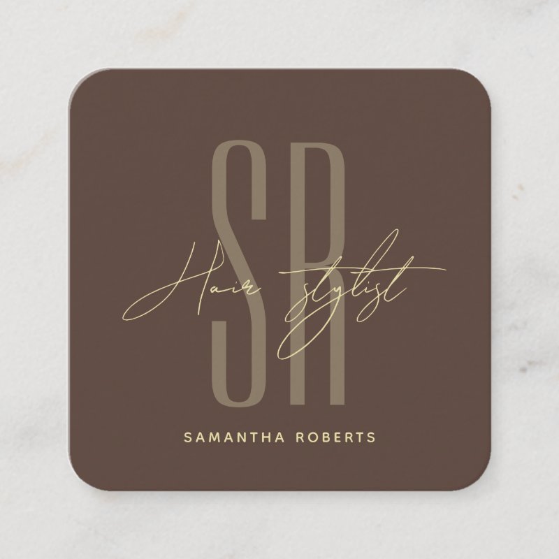 Hair stylist modern brown monogram initials square business card Square, 2.5\\" x 2.5\\" Business Card