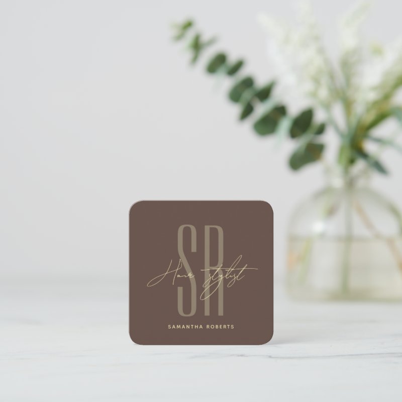 Hair stylist modern brown monogram initials square business card Square, 2.5\" x 2.5\" Business Card 3 Hair stylist modern brown monogram initials square business card Square, 2.5\\" x 2.5\\" Business Card
