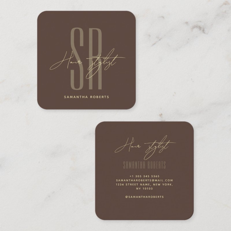 Hair stylist modern brown monogram initials square business card Square, 2.5\" x 2.5\" Business Card 4 Hair stylist modern brown monogram initials square business card Square, 2.5\\" x 2.5\\" Business Card