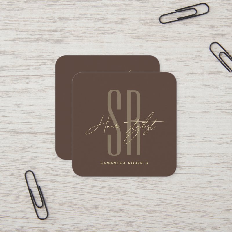 Hair stylist modern brown monogram initials square business card Square, 2.5\" x 2.5\" Business Card 5 Hair stylist modern brown monogram initials square business card Square, 2.5\\" x 2.5\\" Business Card