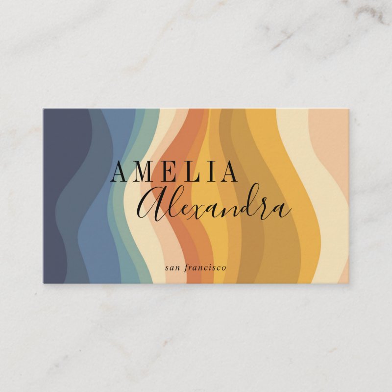 Boho Retro Script Abstract Wavy Lines Yellow Blue Business Card Standard, 3.5\\" x 2.0\\" Business Card