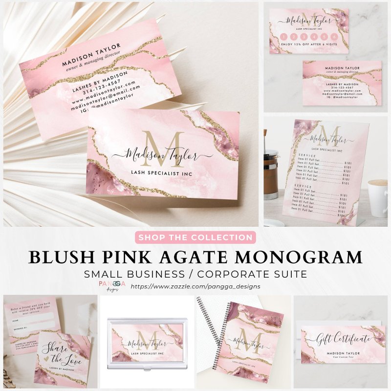 Chic Blush Pink Gold Glitter Marble Agate Monogram Business Card Standard, 3.5\\" x 2.0\\" Business Card
