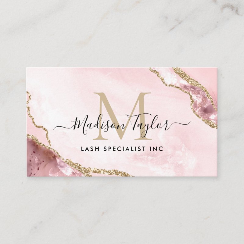 Chic Blush Pink Gold Glitter Marble Agate Monogram Business Card Standard, 3.5\\" x 2.0\\" Business Card