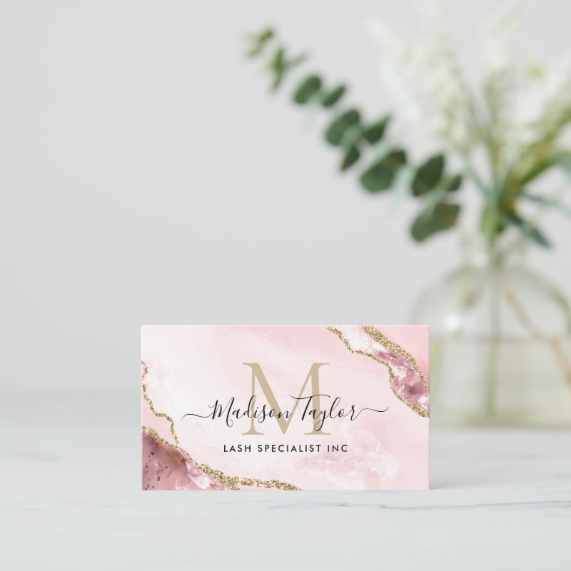 Chic Blush Pink Gold Glitter Marble Agate Monogram Business Card Standard, 3.5\\" x 2.0\\" Business Card