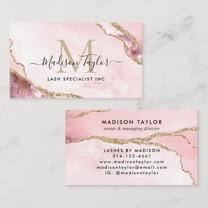 Chic Blush Pink Gold Glitter Marble Agate Monogram Business Card Standard, 3.5\\" x 2.0\\" Business Card