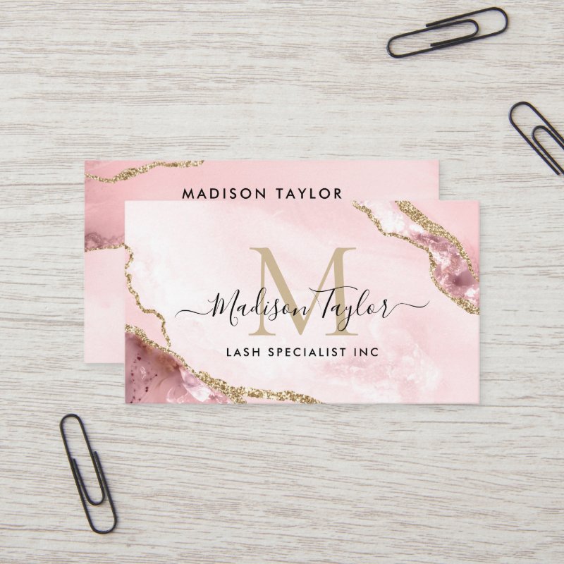 Chic Blush Pink Gold Glitter Marble Agate Monogram Business Card Standard, 3.5\\" x 2.0\\" Business Card