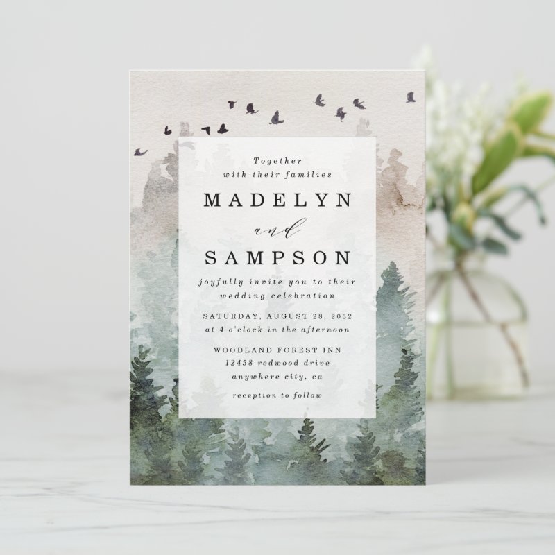 Pine Tree Forest Rustic Watercolor Themed Wedding Invitation Flat Invitation, Size: 5\" x 7\ 3 Pine Tree Forest Rustic Watercolor Themed Wedding Invitation Flat Invitation, Size: 5\\" x 7\\