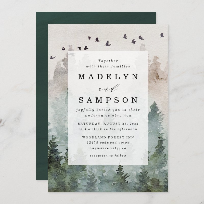 Pine Tree Forest Rustic Watercolor Themed Wedding Invitation Flat Invitation, Size: 5\" x 7\ 4 Pine Tree Forest Rustic Watercolor Themed Wedding Invitation Flat Invitation, Size: 5\\" x 7\\
