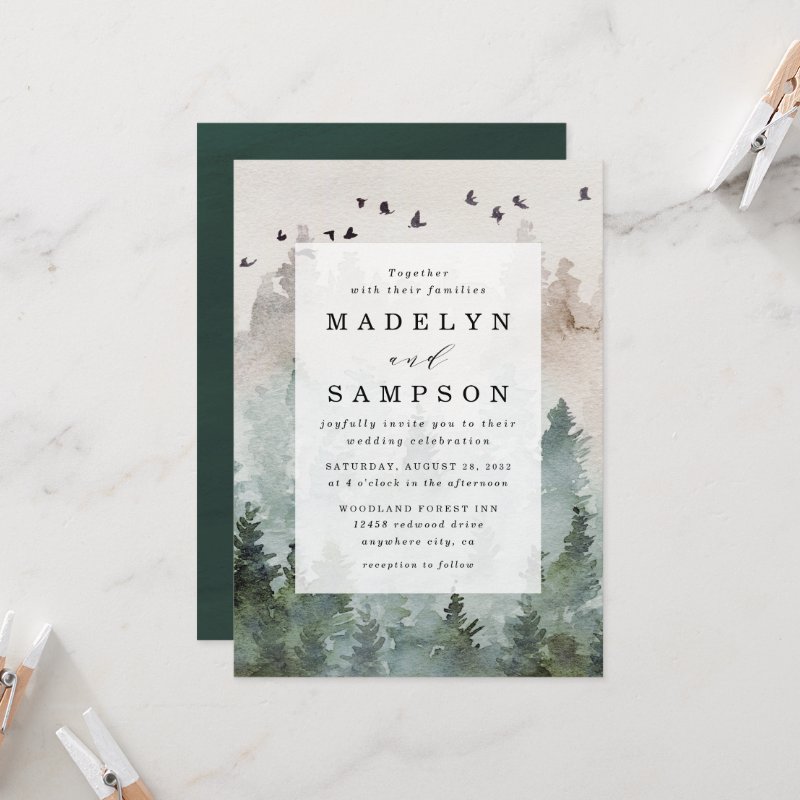 Pine Tree Forest Rustic Watercolor Themed Wedding Invitation Flat Invitation, Size: 5\" x 7\ 5 Pine Tree Forest Rustic Watercolor Themed Wedding Invitation Flat Invitation, Size: 5\\" x 7\\