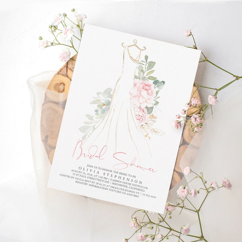 Elegant Pink Flowers and Greenery Bridal Shower Invitation Flat Invitation, Size: 5\\" x 7\\