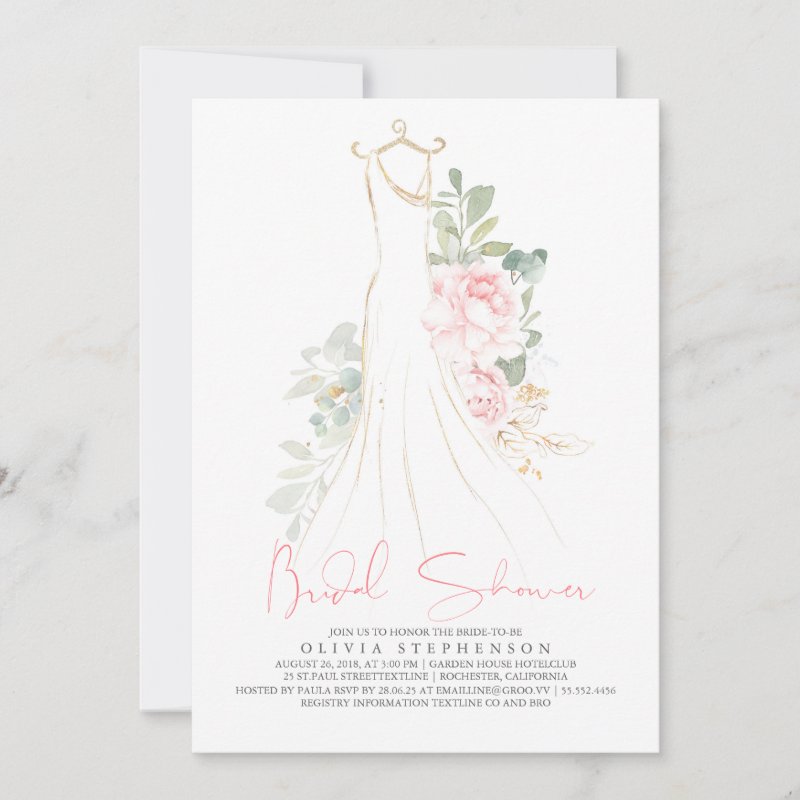 Elegant Pink Flowers and Greenery Bridal Shower Invitation Flat Invitation, Size: 5\\" x 7\\