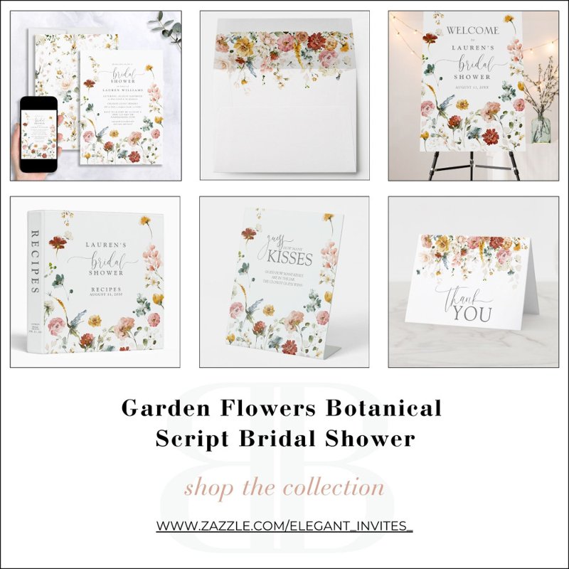 Garden Flowers Botanical Script Bridal Shower  Invitation Flat Invitation, Size: 5\\" x 7\\