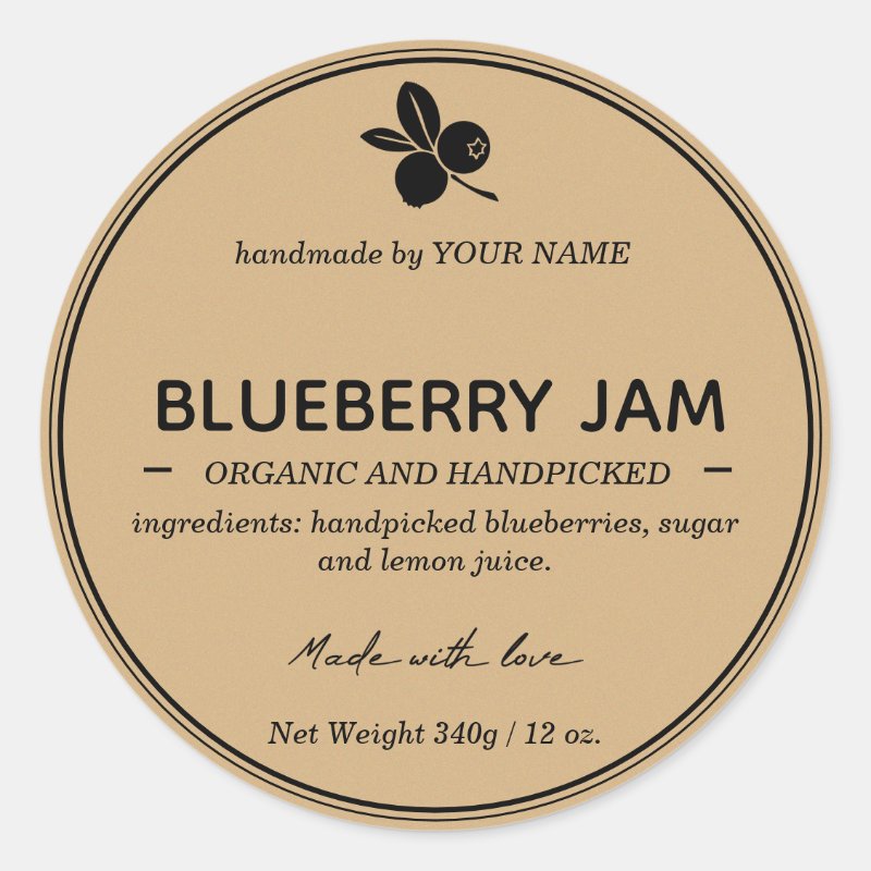 Blueberry Jam Jar Label Packaging Design Custom Classic Round Stickers, Format: Sheet of Stickers, Size: Small, 1½ inch (sheet of 20), Paper Type: Glossy White Paper