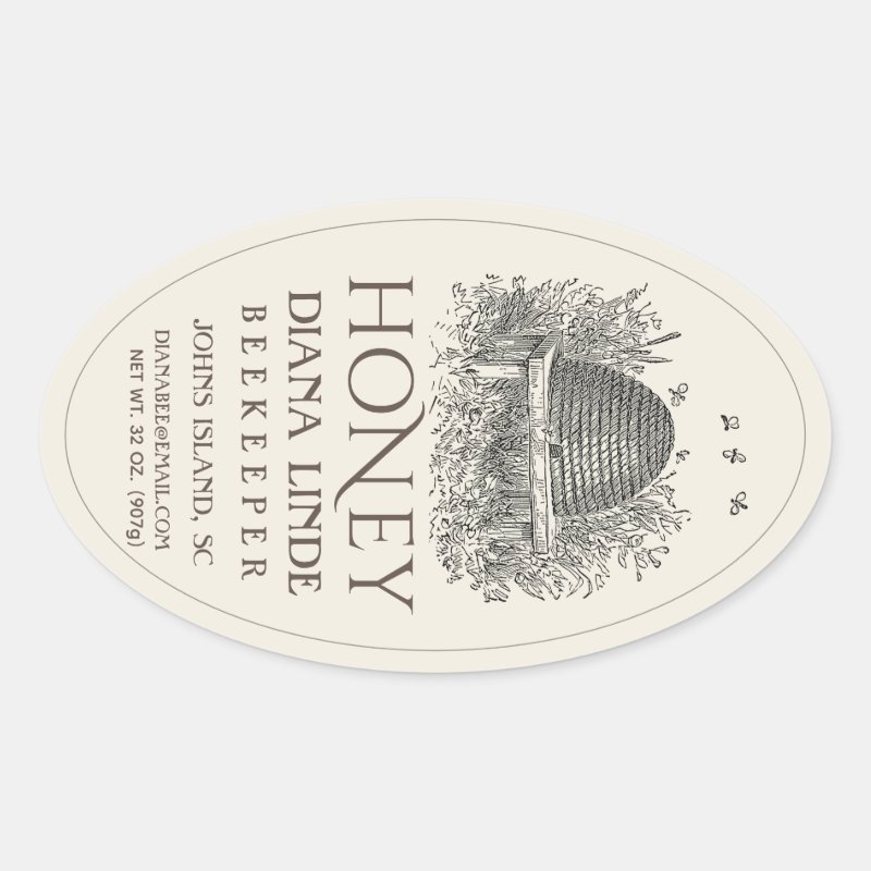 Ivory 32 oz Queenline Honey Label (Vintage Skep) Custom Oval Stickers, Format: Sheet of Stickers, Size: 4.5 x 2.7 inch (sheet of 4), Paper Type: Glossy White Paper