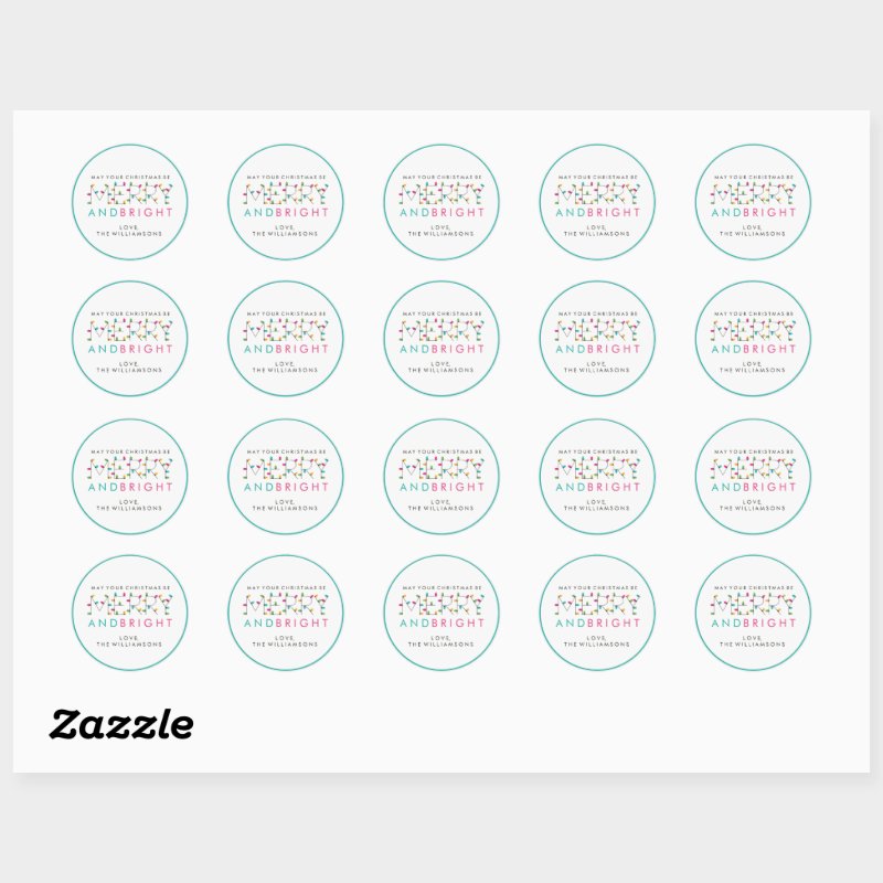 Merry and Bright Festive Christmas Tree Lights Classic Round Sticker Custom Classic Round Stickers, Format: Sheet of Stickers, Size: Small, 1½ inch (sheet of 20), Paper Type: Glossy White Paper