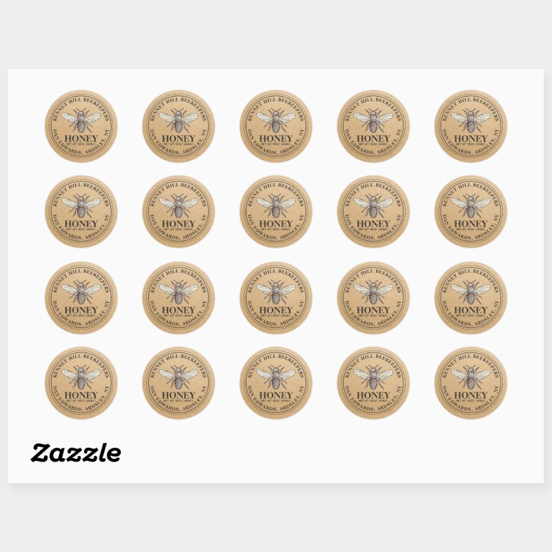Honey Label Kraft French Bee Custom Classic Round Stickers, Format: Sheet of Stickers, Size: Small, 1½ inch (sheet of 20), Paper Type: Matte White Paper