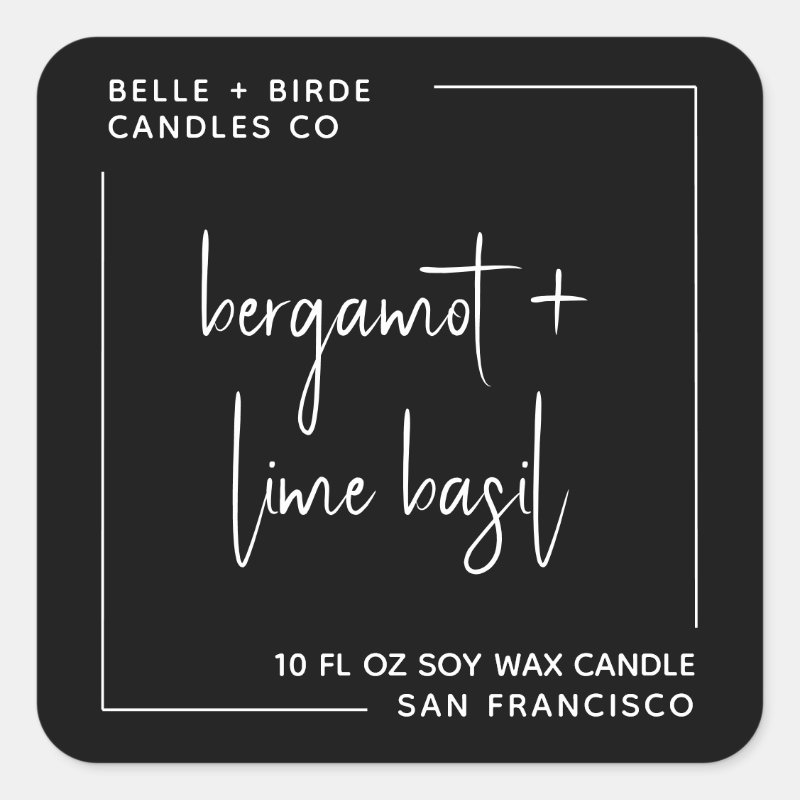 Modern Minimalist Black Script Candle Packaging Square Sticker Custom Square Stickers, Format: Sheet of Stickers, Size: Small, 1½ inch (sheet of 20), Paper Type: Glossy White Paper