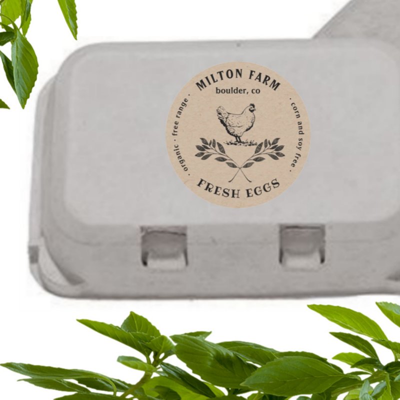 Happy Hens Laurel Branch Egg Carton Round Sticker Custom Classic Round Stickers, Format: Sheet of Stickers, Size: Small, 1½ inch (sheet of 20), Paper Type: Glossy White Paper