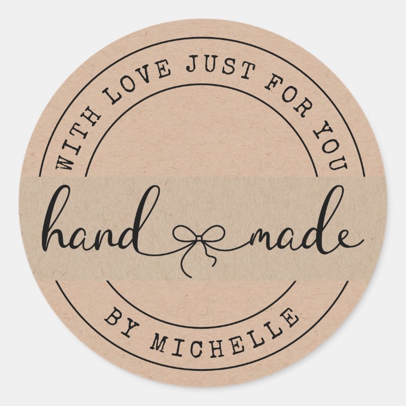 Handmade With Love Elegant Script Sticker Custom Classic Round Stickers, Format: Sheet of Stickers, Size: Large, 3 inch (sheet of 6), Paper Type: Glossy White Paper