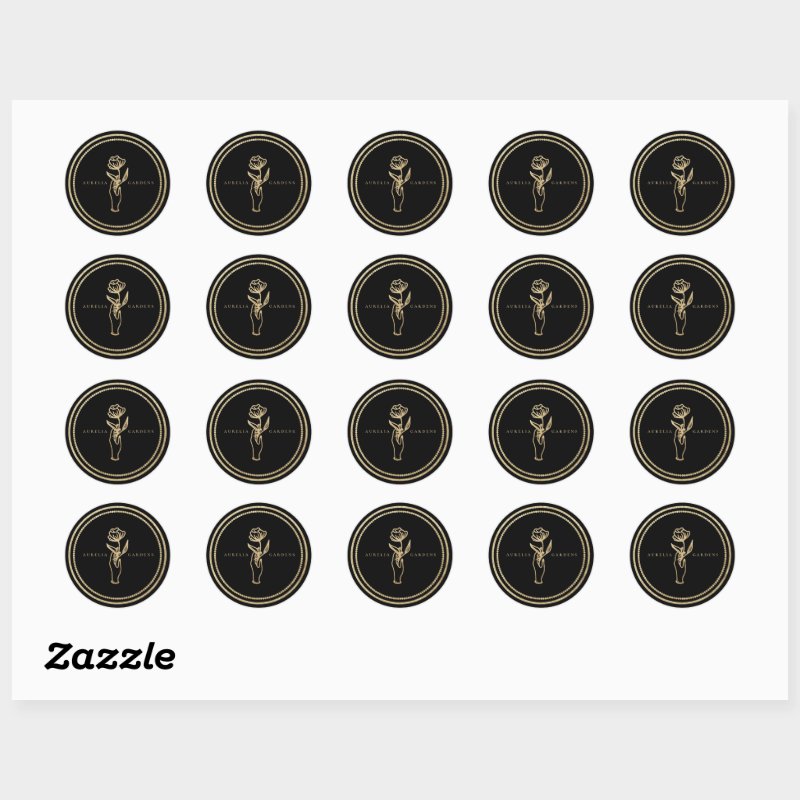 Chic Bohemian Golden Floral Logo Classic Round Sticker Custom Classic Round Stickers, Format: Sheet of Stickers, Size: Small, 1½ inch (sheet of 20), Paper Type: Glossy White Paper