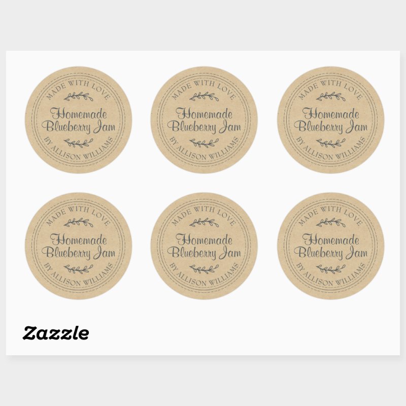 Kraft Rustic Homemade Jam Classic Round Sticker Custom Classic Round Stickers, Format: Sheet of Stickers, Size: Large, 3 inch (sheet of 6), Paper Type: Matte White Paper