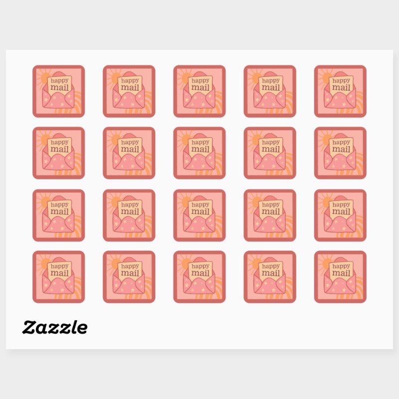 Boho peach happy mail small business sticker Custom Square Stickers, Format: Sheet of Stickers, Size: Small, 1½ inch (sheet of 20), Paper Type: Glossy White Paper