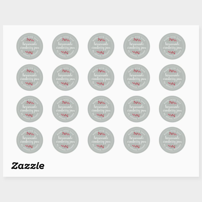 Christmas Homemade Cranberry Jam Can Storm Gray Classic Round Sticker Custom Classic Round Stickers, Format: Sheet of Stickers, Size: Small, 1½ inch (sheet of 20), Paper Type: Glossy White Paper