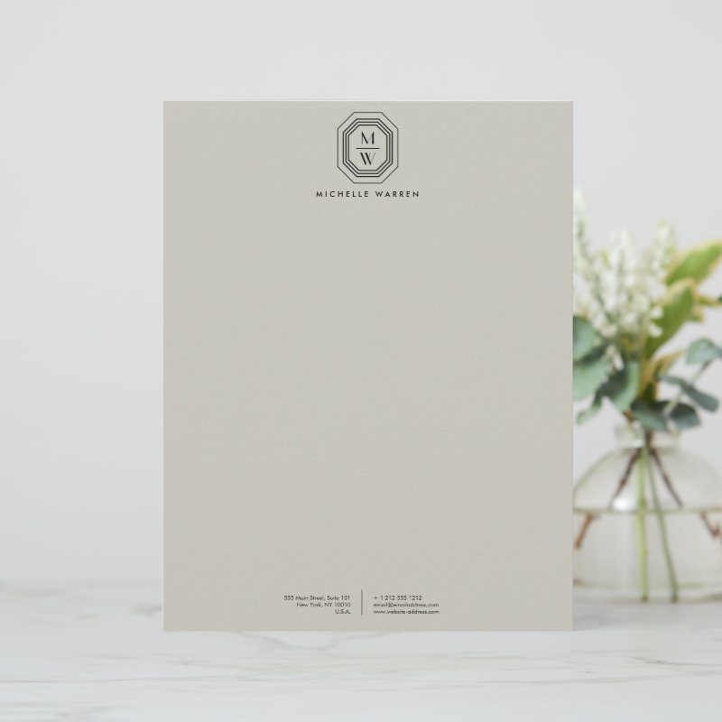 Art Deco Stacked Monogram Logo on Taupe Letterhead Letterhead Paper, Size: 8.5\\" x 11\\