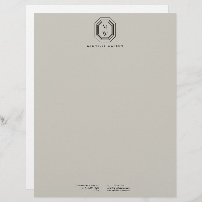 Art Deco Stacked Monogram Logo on Taupe Letterhead Letterhead Paper, Size: 8.5\\" x 11\\